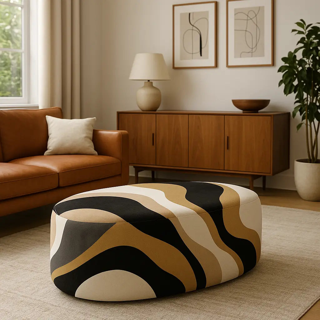 Modern oval ottoman upholstered in black, beige, and gold abstract designer fabric, placed in a mid-century living room with a caramel leather sofa and wooden sideboard.